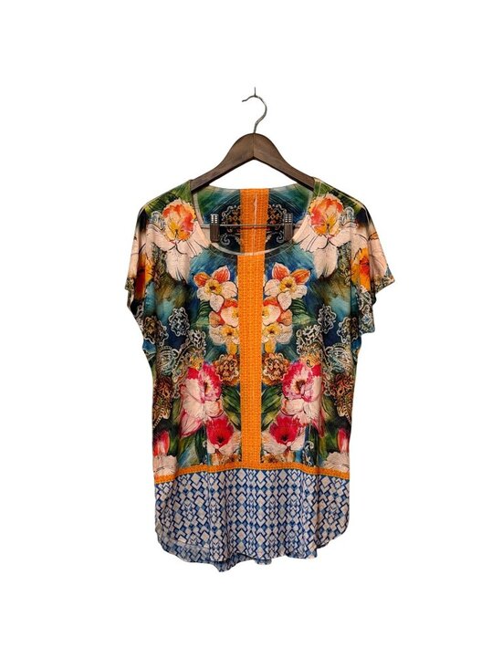 Seas Tops - Floral Print Multicolor High-Low Blouse With Orange Accents Size L Tropical